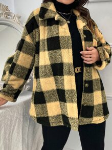 SHEIN LUNE 大碼大方格圖案落肩袖絨毛外套 - 黃色 - 查看 6