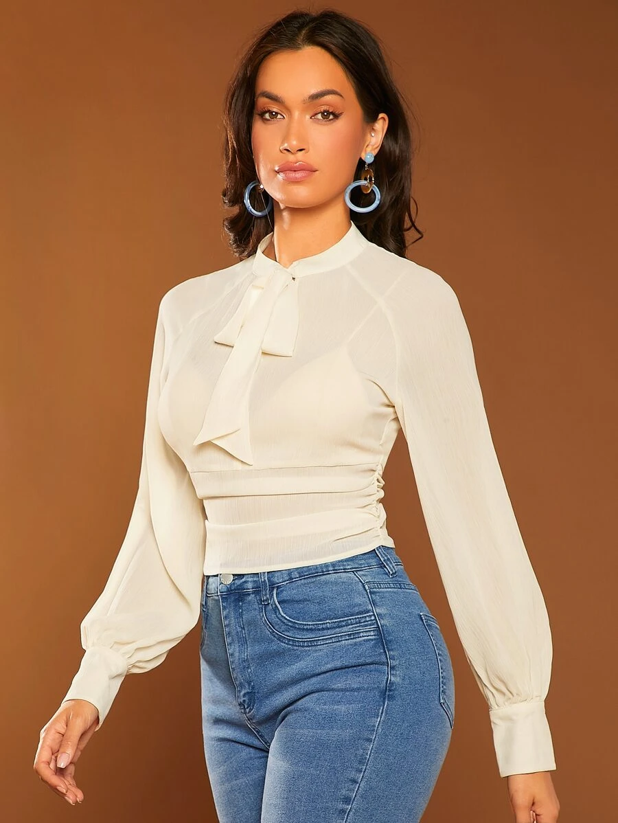 SHEIN Privé Tie Neck Raglan Sleeve Ruched Blouse Without Bra - Beige - View 1