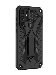 Plain Anti-Fall Phone Case With Foldable Holder - Black - View 2