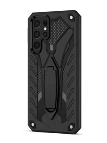 Plain Anti-Fall Phone Case With Foldable Holder - Black - View 3