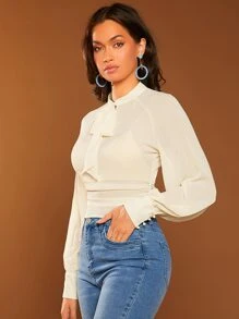 SHEIN Privé Tie Neck Raglan Sleeve Ruched Blouse Without Bra - Beige - View 3