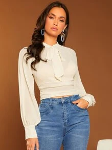 SHEIN Privé Tie Neck Raglan Sleeve Ruched Blouse Without Bra - Beige - View 4