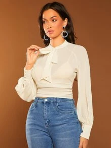 SHEIN Privé Tie Neck Raglan Sleeve Ruched Blouse Without Bra - Beige - View 5
