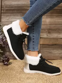 Two Tone Drawstring Design Thermal Lined Canvas Casual Shoes - Black - View 1