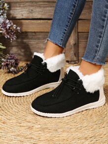 Two Tone Drawstring Design Thermal Lined Canvas Casual Shoes - Black - View 6