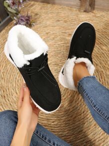 Two Tone Drawstring Design Thermal Lined Canvas Casual Shoes - Black - View 3