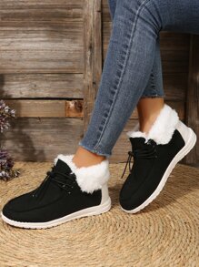 Two Tone Drawstring Design Thermal Lined Canvas Casual Shoes - Black - View 4