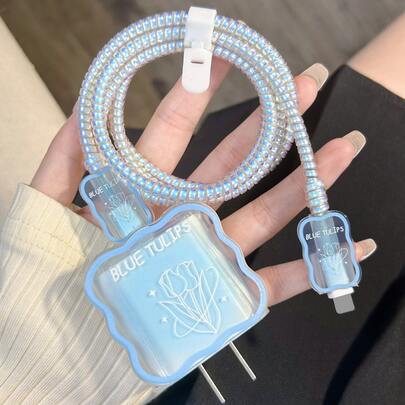 5入組鬱金香圖案數據線保護頭適用於iphone