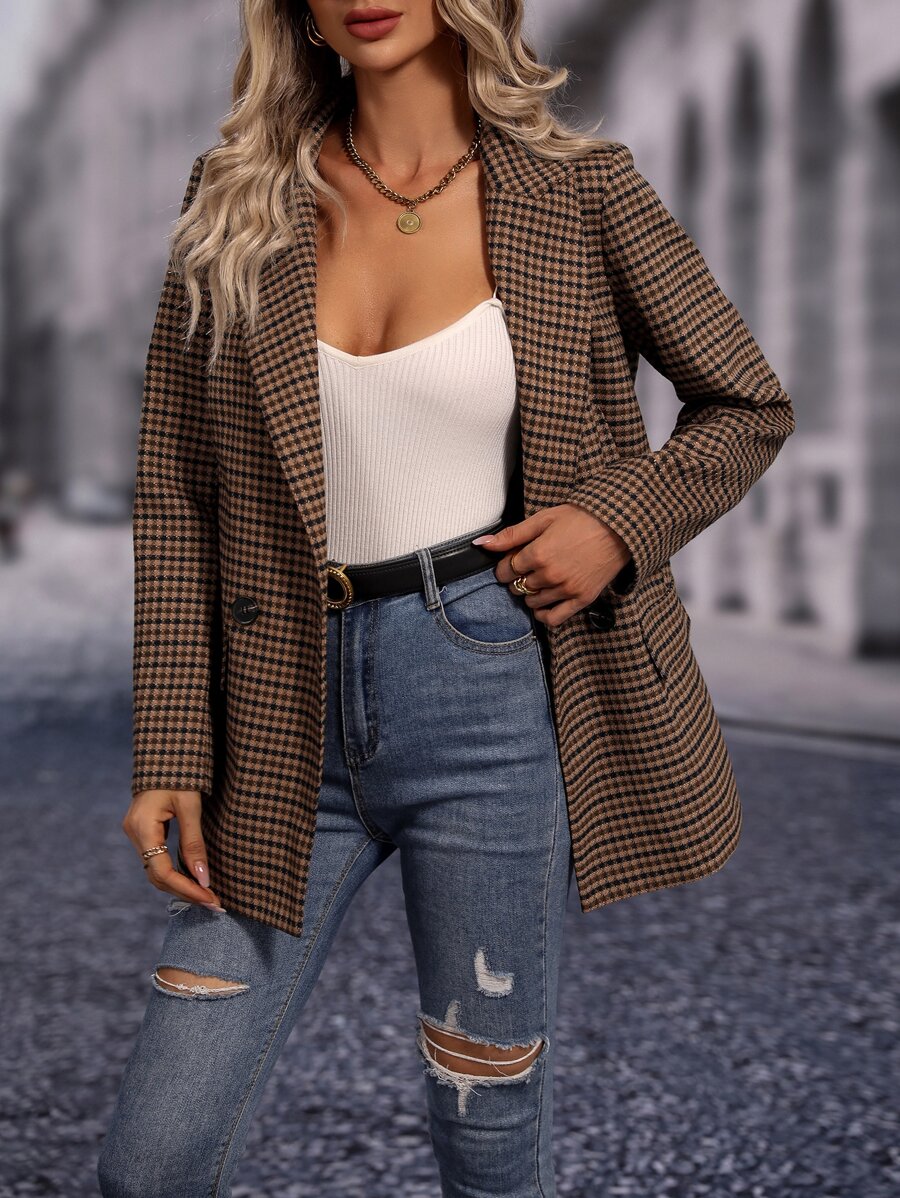 SHEIN Clasi Plaid Print Double Breasted Blazer - Multicolor - View 1