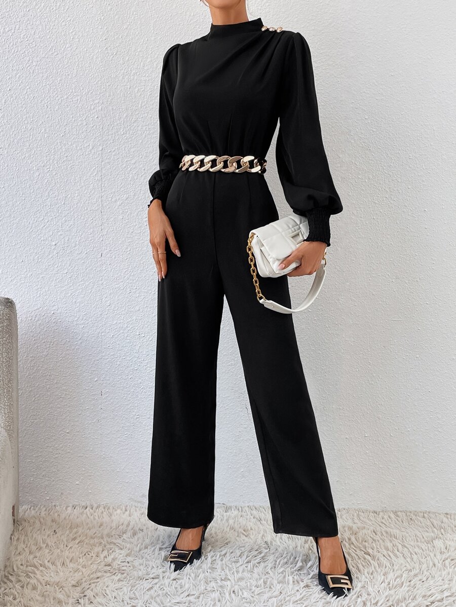 SHEIN Privé Mock Neck Lantern Sleeve Jumpsuit Without Belt - Black - View 1