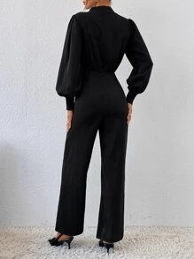 SHEIN Privé Mock Neck Lantern Sleeve Jumpsuit Without Belt - Black - View 2