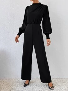 SHEIN Privé Mock Neck Lantern Sleeve Jumpsuit Without Belt - Black - View 4