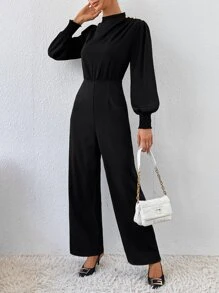 SHEIN Privé Mock Neck Lantern Sleeve Jumpsuit Without Belt - Black - View 6