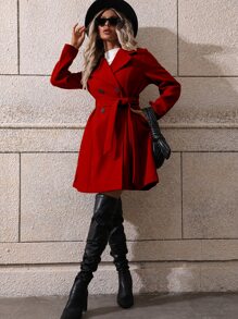 SHEIN Clasi Double Breasted Belted Overcoat For New Year Clothes Fall Winter Cloth For Women - Red - View 5