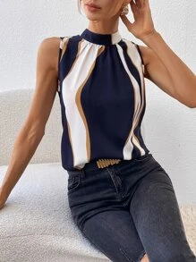 Chiquease Colourblock Tie Back Sleeveless Blouse - Navy Blue - View 5