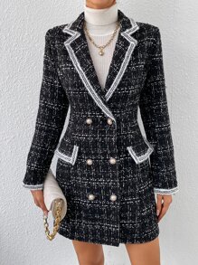 SHEIN Privé Áo khoác  âu phục nữ Nút đôi Sọc ca rô Thanh lịch - màu đen - Xem 1