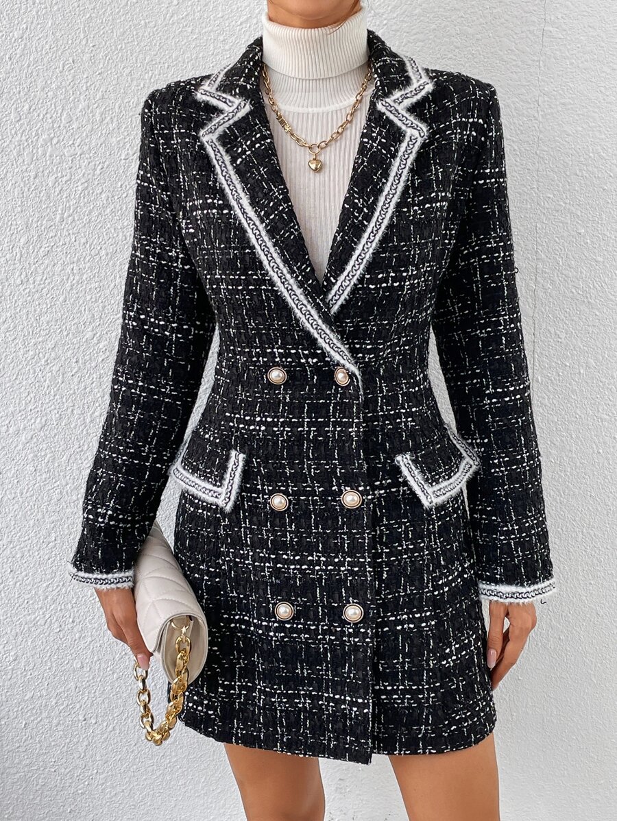 SHEIN Privé Áo khoác  âu phục nữ Nút đôi Sọc ca rô Thanh lịch - màu đen - Xem 1