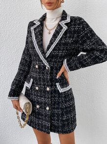 SHEIN Privé Áo khoác  âu phục nữ Nút đôi Sọc ca rô Thanh lịch - màu đen - Xem 6