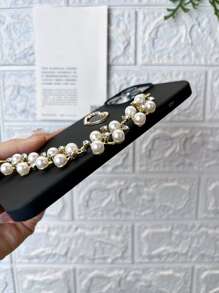 Heart Decor Phone Case With Faux Pearl Hand Strap - Black - View 3