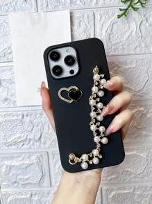 Heart Decor Phone Case With Faux Pearl Hand Strap - Black - View 4