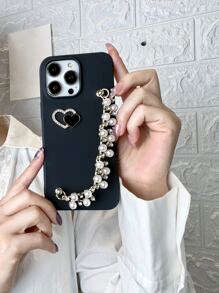 Heart Decor Phone Case With Faux Pearl Hand Strap - Black - View 6