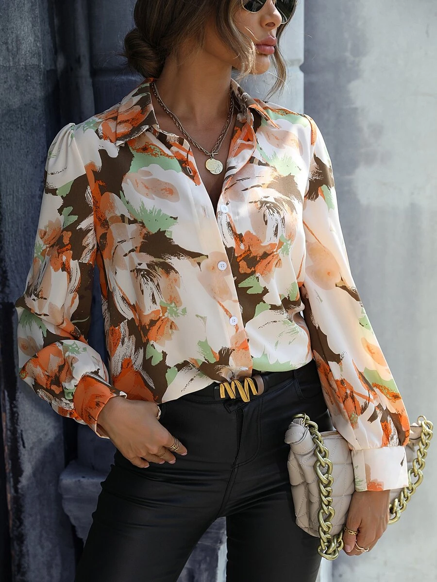 SHEIN Clasi Floral Print Button Front Shirt - Apricot - View 1