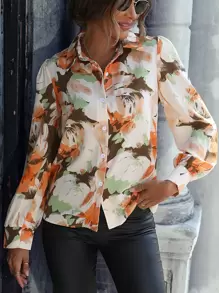 SHEIN Clasi Floral Print Button Front Shirt - Apricot - View 3