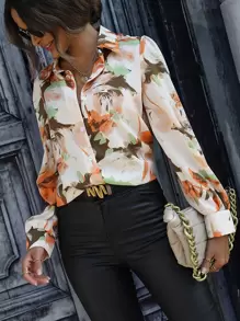 SHEIN Clasi Floral Print Button Front Shirt - Apricot - View 4
