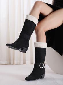 Fuzzy Metal Decor Point Toe Chunky Heeled Faux Suede Classic Boots - Black - View 1