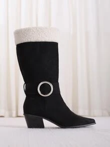 Fuzzy Metal Decor Point Toe Chunky Heeled Faux Suede Classic Boots - Black - View 2