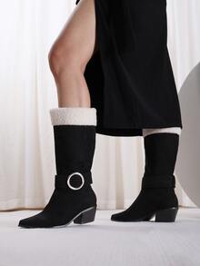 Fuzzy Metal Decor Point Toe Chunky Heeled Faux Suede Classic Boots - Black - View 3