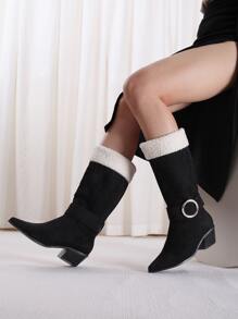 Fuzzy Metal Decor Point Toe Chunky Heeled Faux Suede Classic Boots - Black - View 4