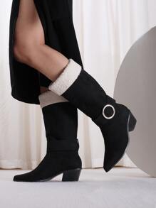 Fuzzy Metal Decor Point Toe Chunky Heeled Faux Suede Classic Boots - Black - View 6