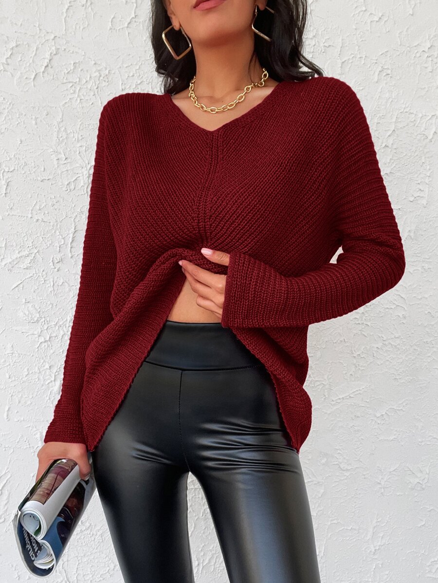 EURMUSE Batwing Sleeve Ribbed Knit Jumper - Redwood - View 1