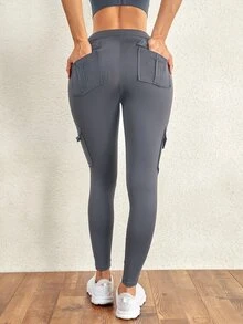 4 Pockets Workout Running Yoga Stretch Cargo Pants - Grey - View 2