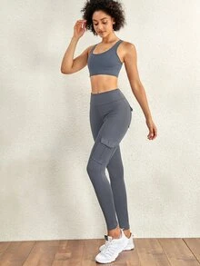 4 Pockets Workout Running Yoga Stretch Cargo Pants - Grey - View 3