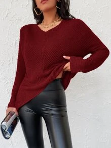 EURMUSE Batwing Sleeve Ribbed Knit Jumper - Redwood - View 5