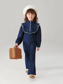 Toddler Girls Corduroy Contrast Binding Ruffle Trim Top & Flare Leg Trousers - Navy Blue - View 1
