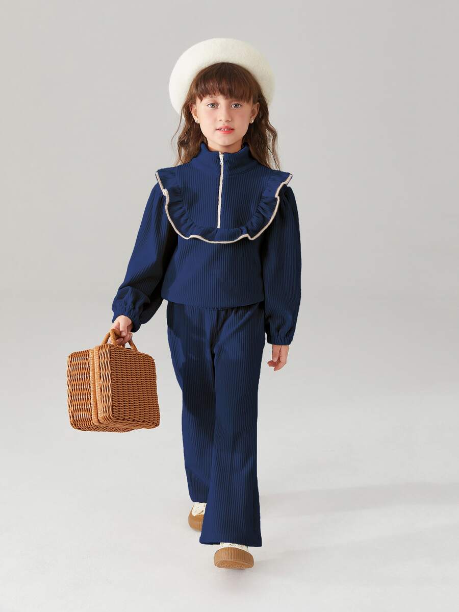 Toddler Girls Corduroy Contrast Binding Ruffle Trim Top & Flare Leg Trousers - Navy Blue - View 1