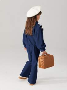 Toddler Girls Corduroy Contrast Binding Ruffle Trim Top & Flare Leg Trousers - Navy Blue - View 2