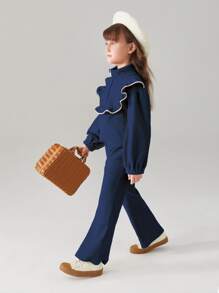Toddler Girls Corduroy Contrast Binding Ruffle Trim Top & Flare Leg Trousers - Navy Blue - View 3