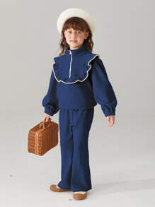 Toddler Girls Corduroy Contrast Binding Ruffle Trim Top & Flare Leg Trousers - Navy Blue - View 4
