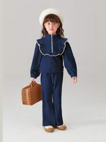 Toddler Girls Corduroy Contrast Binding Ruffle Trim Top & Flare Leg Trousers - Navy Blue - View 5