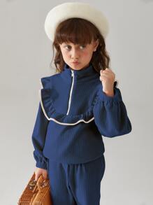 Toddler Girls Corduroy Contrast Binding Ruffle Trim Top & Flare Leg Trousers - Navy Blue - View 6