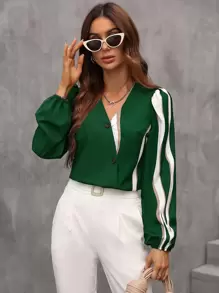 SHEIN Clasi Color Block Button Front Blouse - Green - View 5