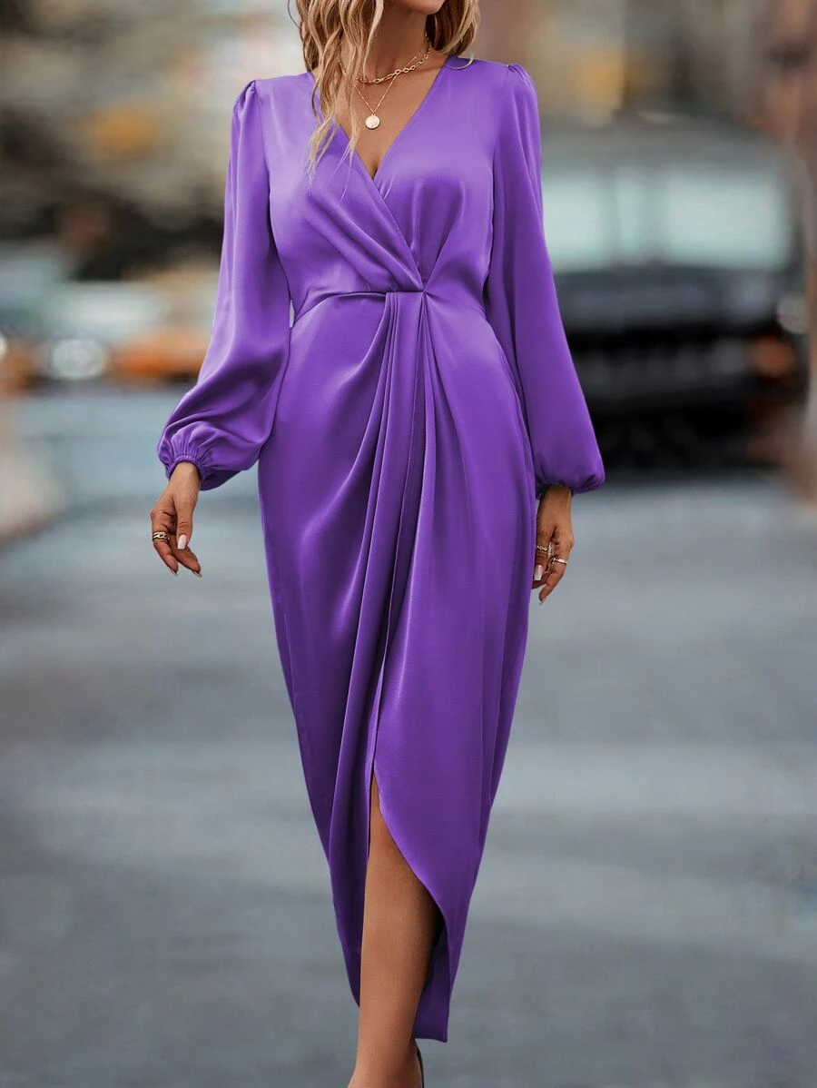 SHEIN Privé Lantern Sleeve Wrap Hem Satin Dress - Violet Purple - View 1