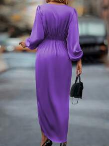 SHEIN Privé Lantern Sleeve Wrap Hem Satin Dress - Violet Purple - View 2