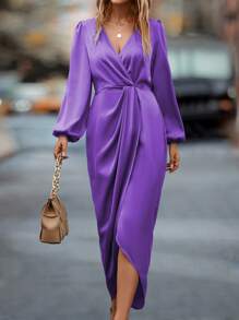 SHEIN Privé Lantern Sleeve Wrap Hem Satin Dress - Violet Purple - View 4