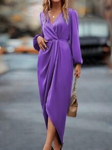 SHEIN Privé Lantern Sleeve Wrap Hem Satin Dress - Violet Purple - View 5
