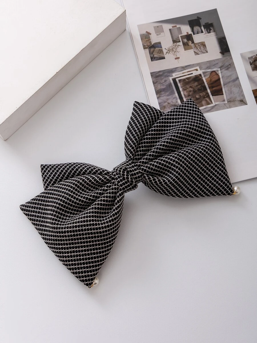 Faux Pearl Decor Bow Design Hair Clip - Black and White - View 1